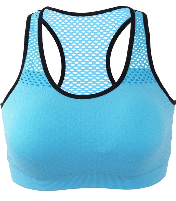 Stylish blue seamless yoga top with mesh back, perfect for quick dry comfort during workouts. Women's sports cropped bra - SF0032.